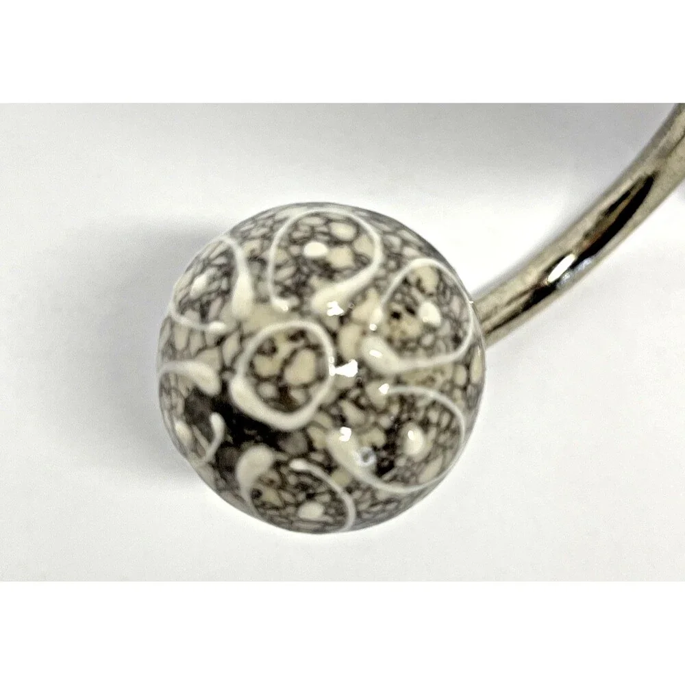 Ceramic Ornate Double Coat Hat Or Towel Hook Grey & White With Silver Hardware